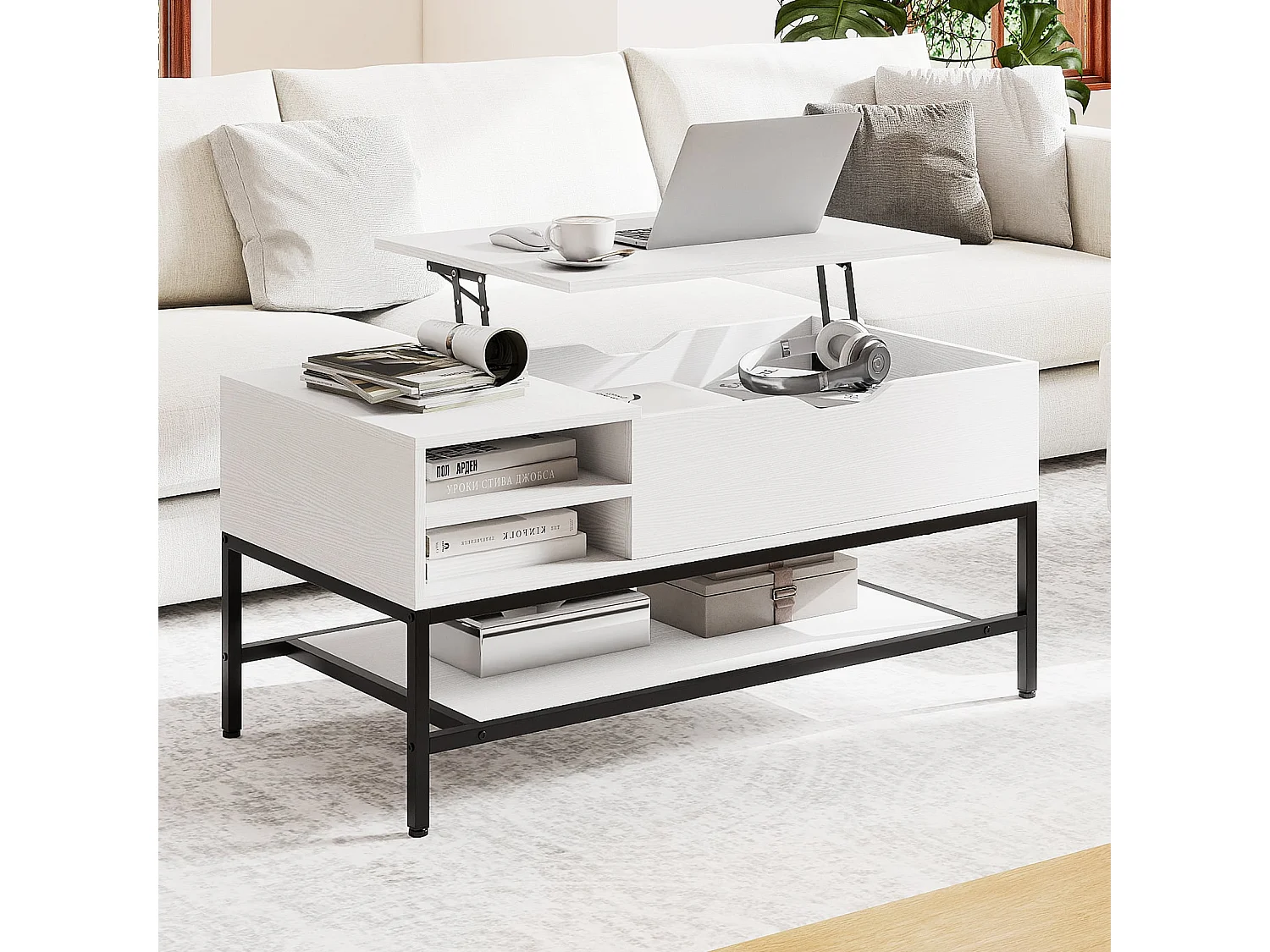 Table Basse à Plateau Relevable avec Compartiment Caché Table en Bois pour Salon avec Étagère de Rangement Table de Centre Blanc