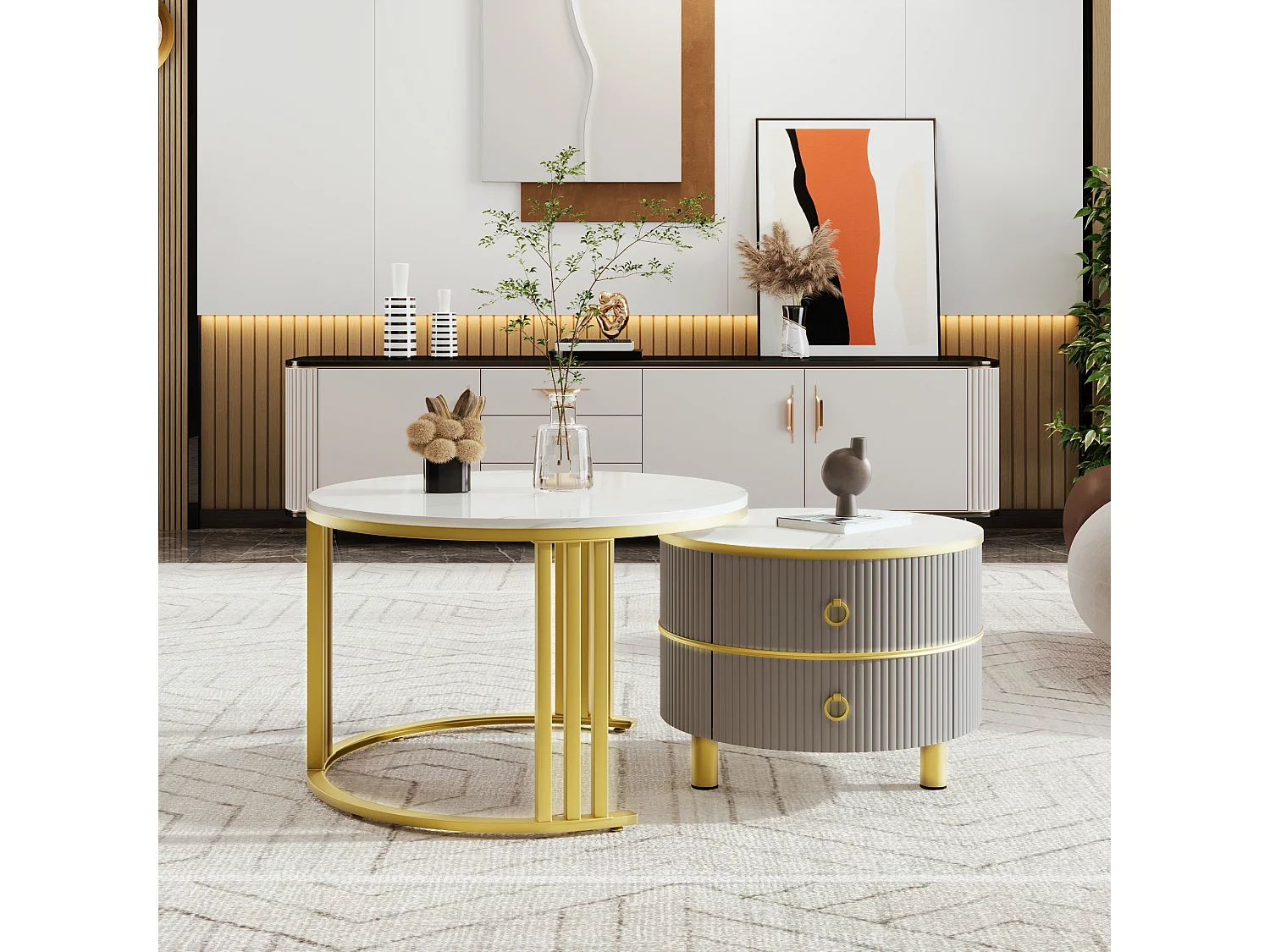 2-in-1 Round Coffee Table - 70 x 70 x 46 cm + 50 x 50 x 40 cm - Combination coffee table with 2 drawers - MDF - Grey