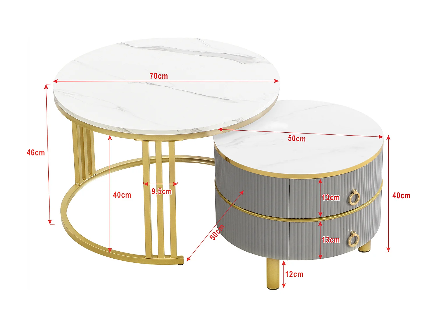 2-in-1 Round Coffee Table - 70 x 70 x 46 cm + 50 x 50 x 40 cm - Combination coffee table with 2 drawers - MDF - Grey
