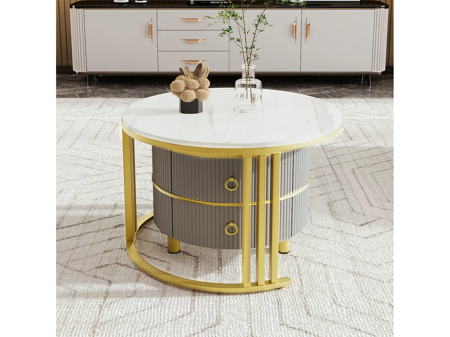 2-in-1 Round Coffee Table - 70 x 70 x 46 cm + 50 x 50 x 40 cm - Combination coffee table with 2 drawers - MDF - Grey