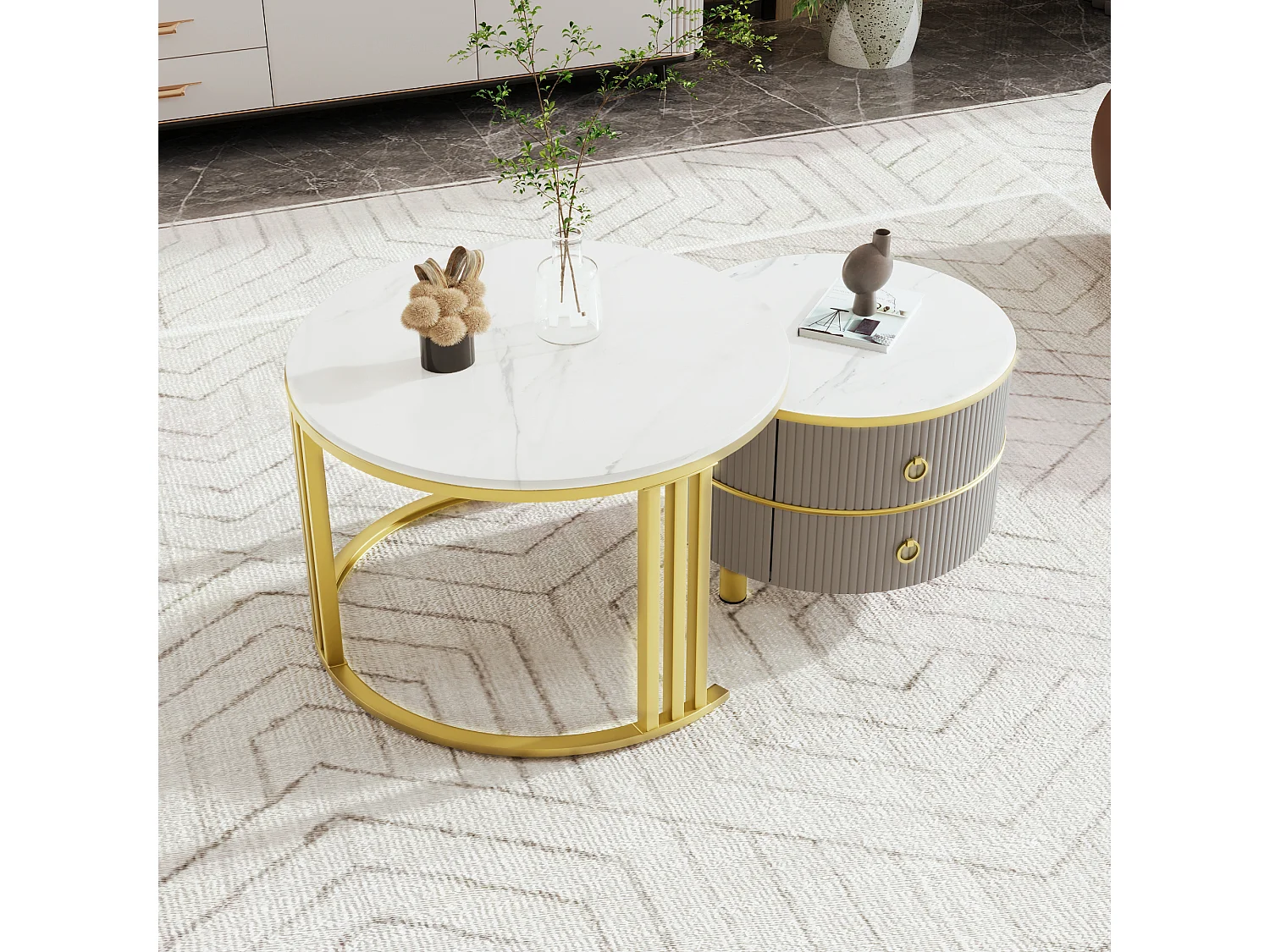 2-in-1 Round Coffee Table - 70 x 70 x 46 cm + 50 x 50 x 40 cm - Combination coffee table with 2 drawers - MDF - Grey