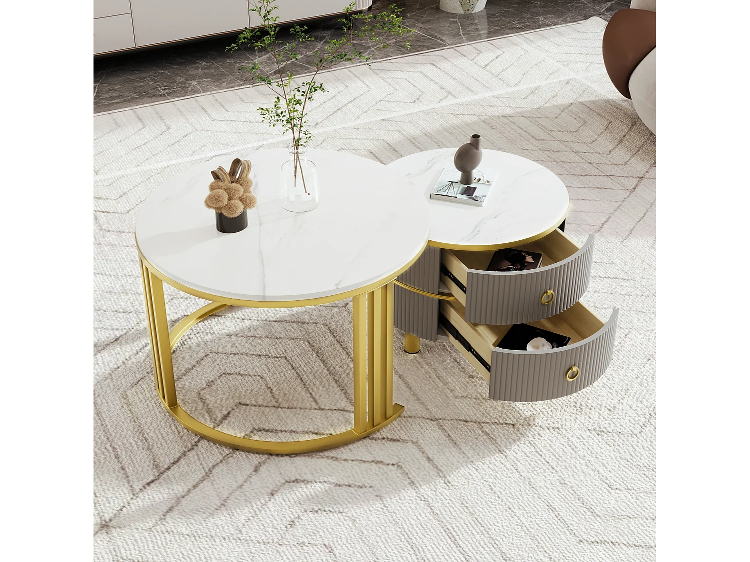 2-in-1 Round Coffee Table - 70 x 70 x 46 cm + 50 x 50 x 40 cm - Combination coffee table with 2 drawers - MDF - Grey