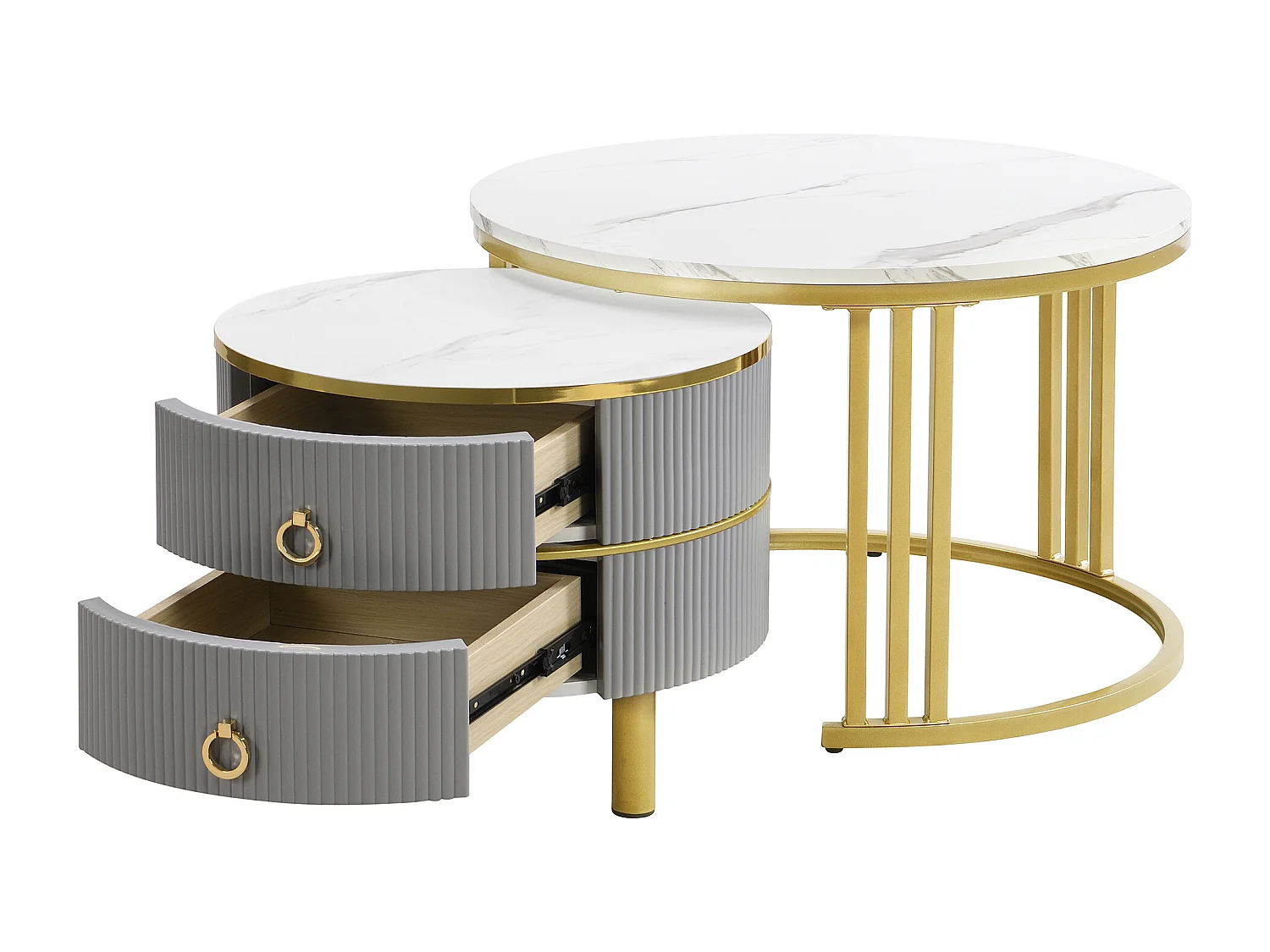 2-in-1 Round Coffee Table - 70 x 70 x 46 cm + 50 x 50 x 40 cm - Combination coffee table with 2 drawers - MDF - Grey
