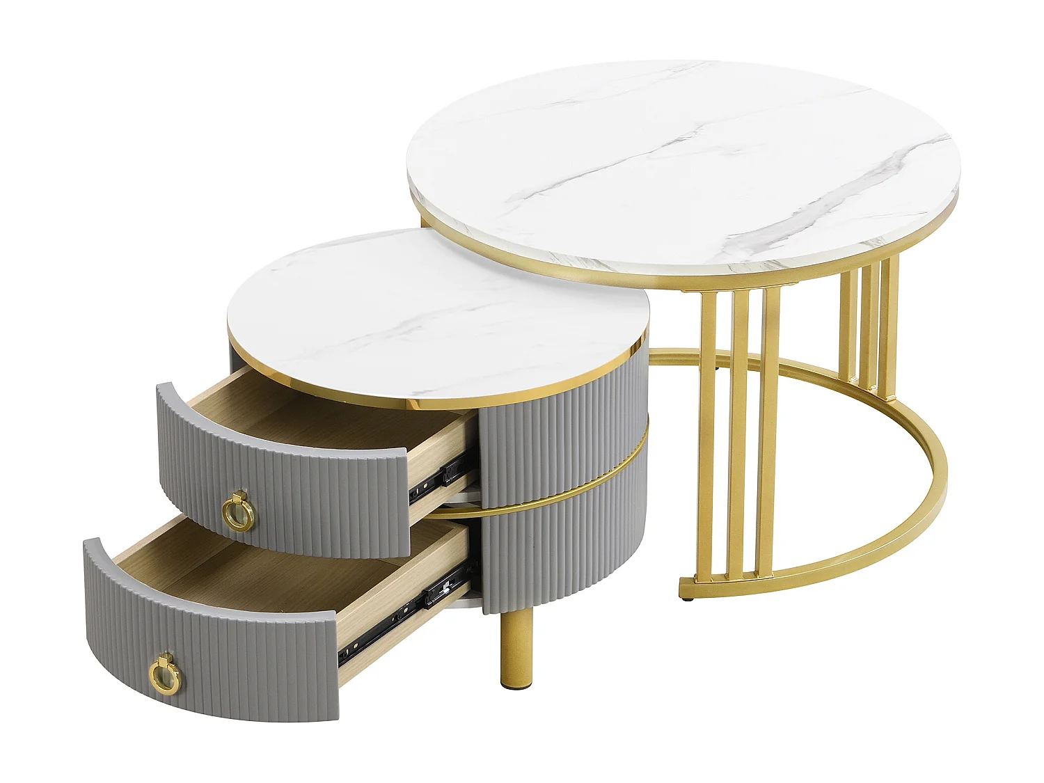 2-in-1 Round Coffee Table - 70 x 70 x 46 cm + 50 x 50 x 40 cm - Combination coffee table with 2 drawers - MDF - Grey