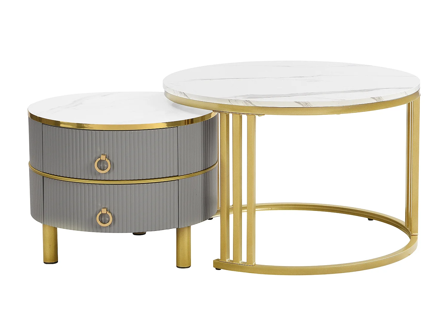 2-in-1 Round Coffee Table - 70 x 70 x 46 cm + 50 x 50 x 40 cm - Combination coffee table with 2 drawers - MDF - Grey