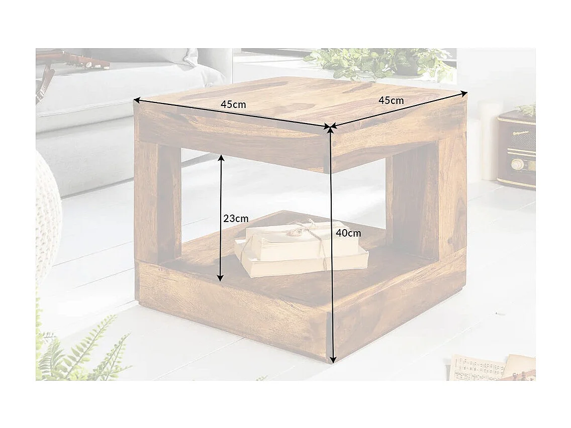 Table basse GRADI 45 cm en bois massif de Sheesham – Table basse carrée compacte avec rangement