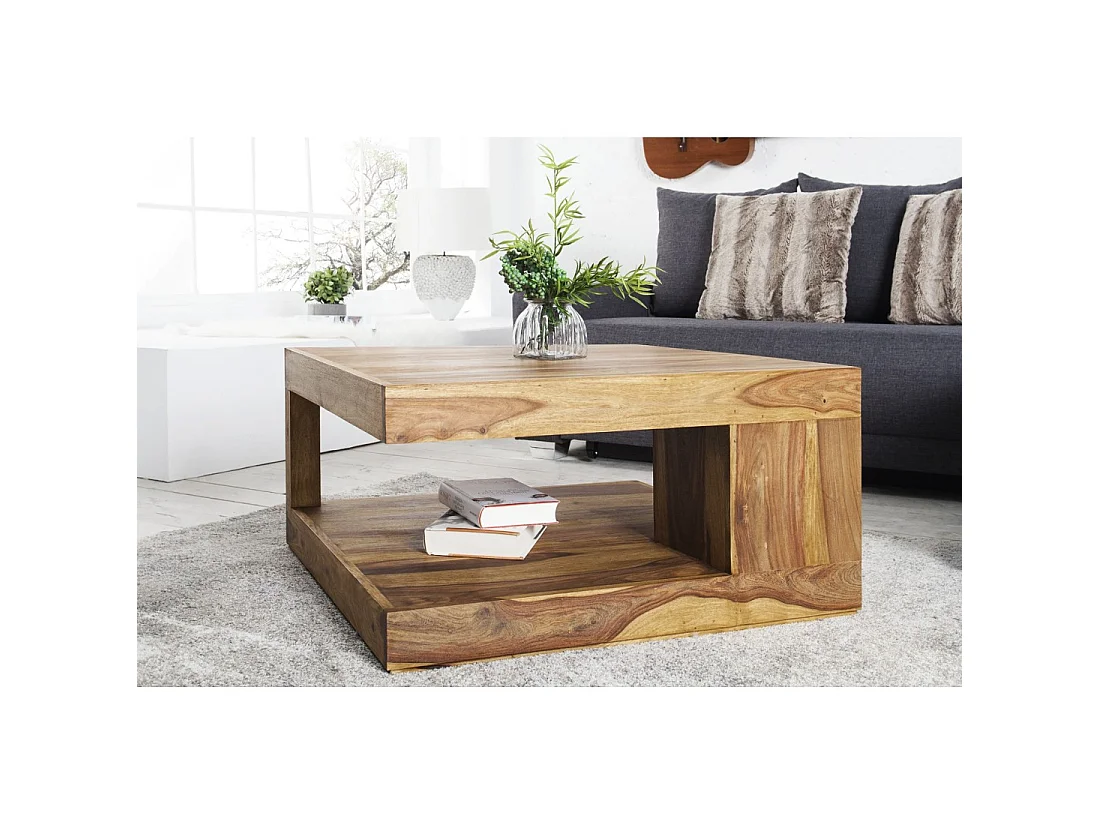 Mesa baja GRADI 80 cm en madera maciza de Sheesham – Mesa baja cuadrada con almacenamiento