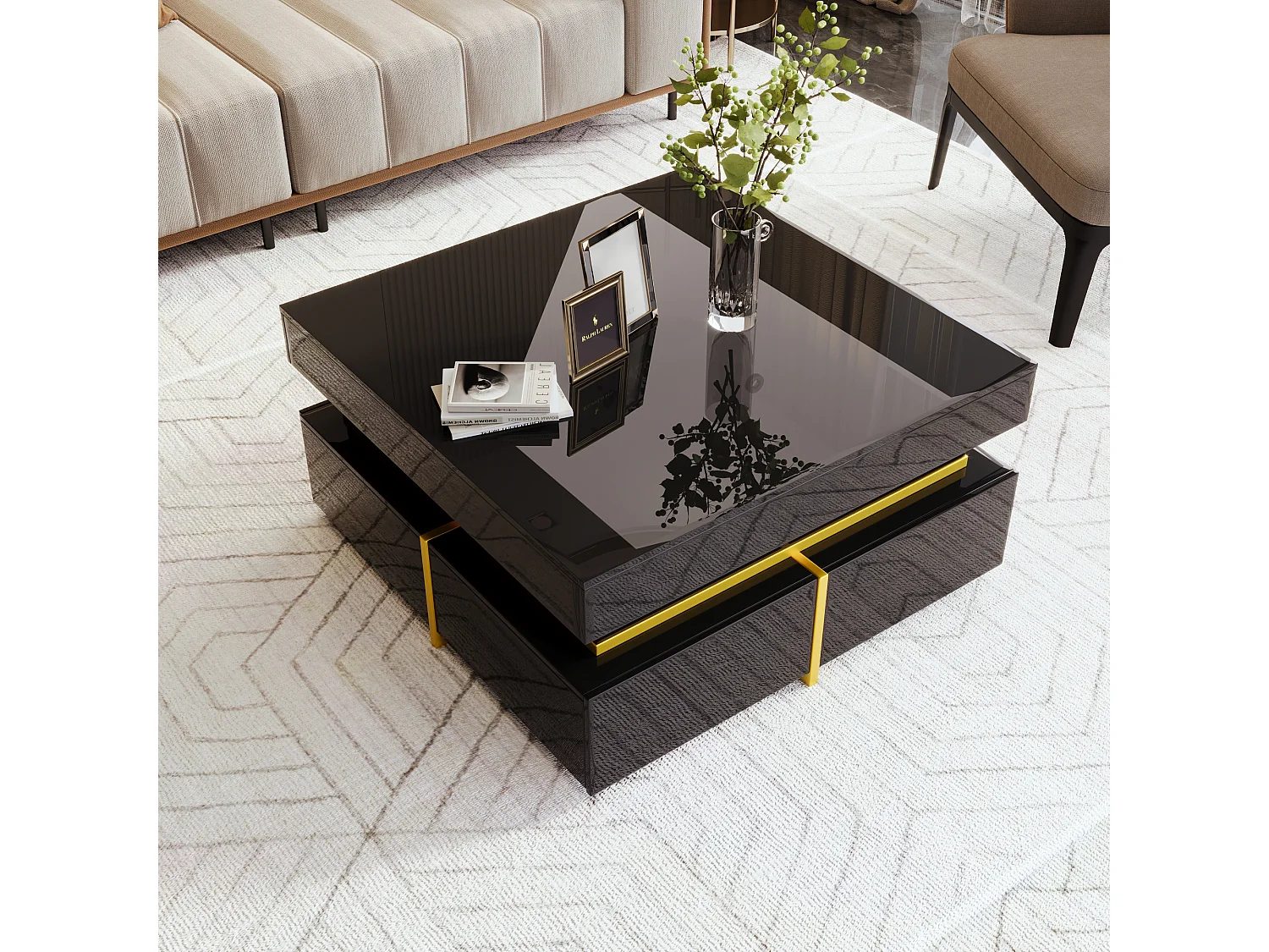 High-gloss square coffee table with 2 drawers - Particleboard - Black