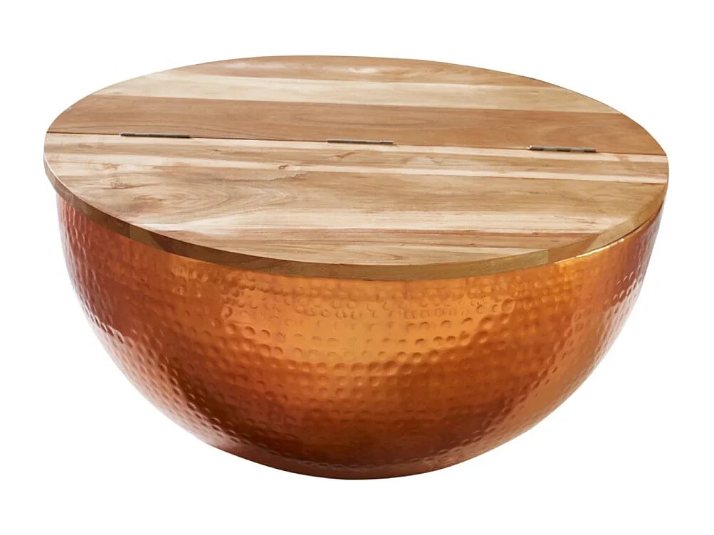 Mesa baja TRIANE 60 cm con cofre - Tablero de madera de acacia y estructura de aluminio cobre martillado