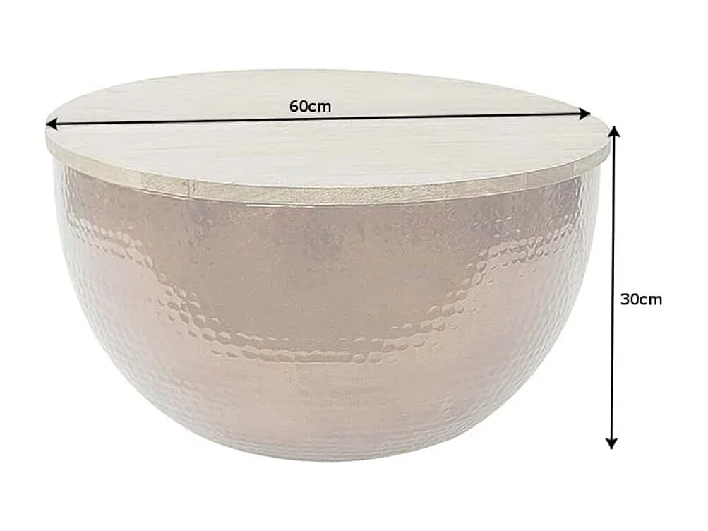 Mesa baja TRIANE 60 cm con cofre - Tablero de madera de acacia y estructura de aluminio cobre martillado