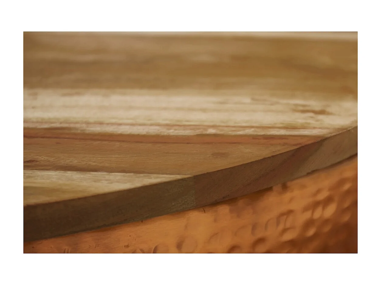 Mesa baja TRIANE 60 cm con cofre - Tablero de madera de acacia y estructura de aluminio cobre martillado
