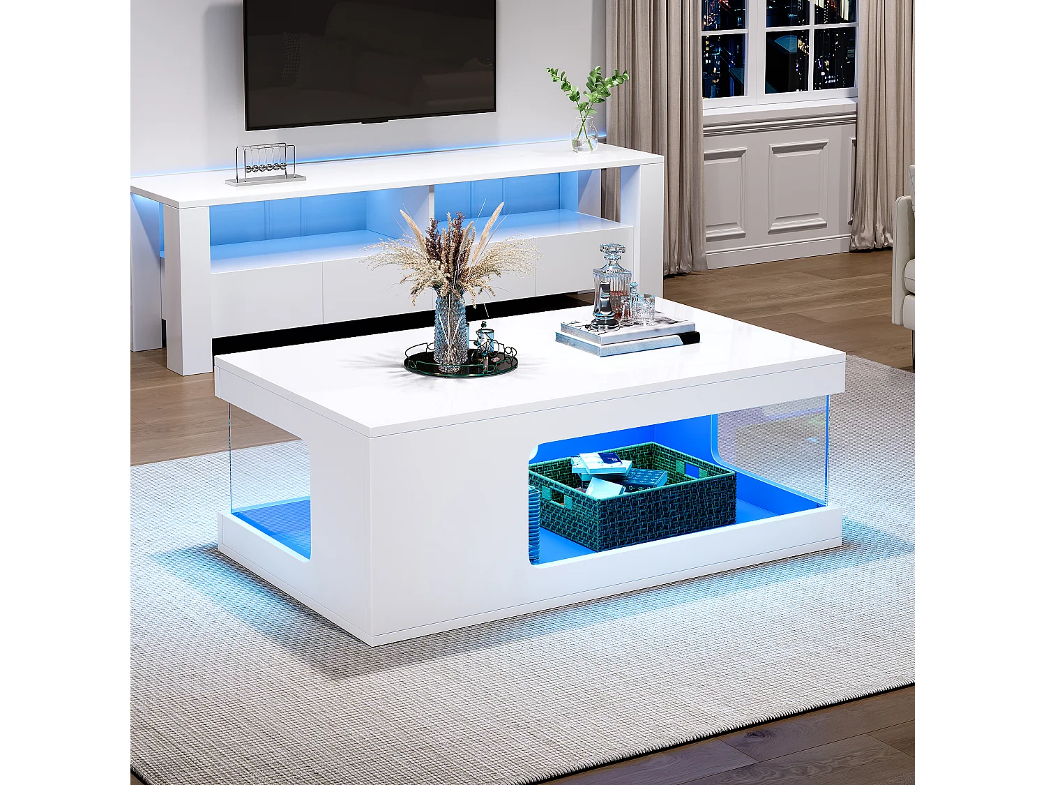 Table basse 100x50x35 cm - Finition brillante - Éclairage LED - Rangement ouvert - Panneaux de particules - Blanc