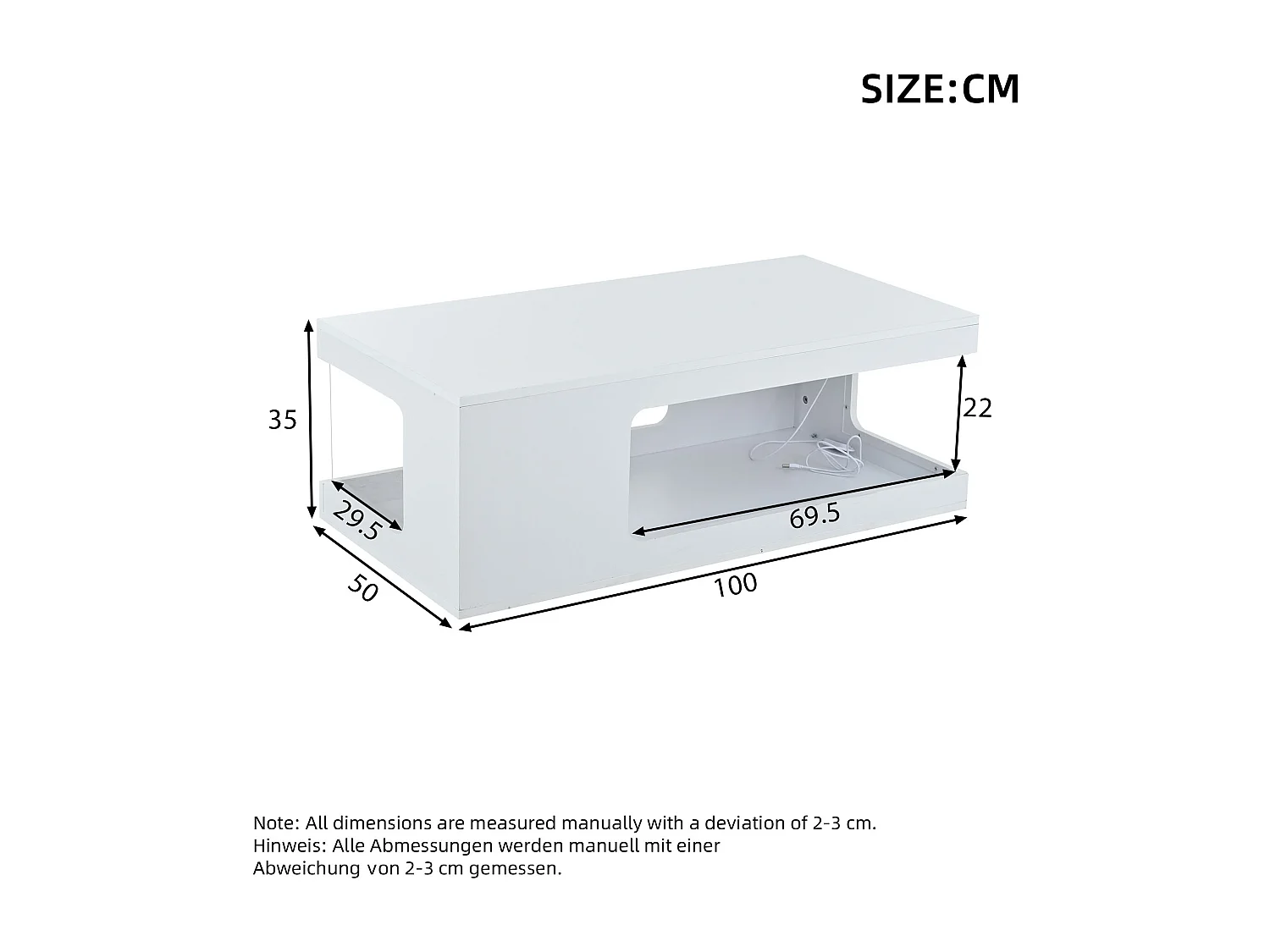 Table basse 100x50x35 cm - Finition brillante - Éclairage LED - Rangement ouvert - Panneaux de particules - Blanc