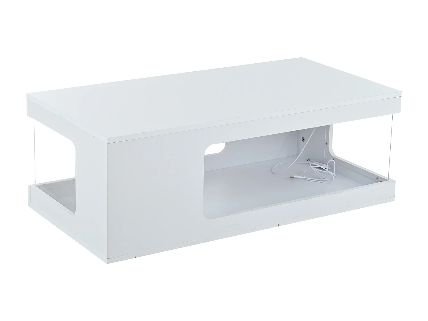 Table basse 100x50x35 cm - Finition brillante - Éclairage LED - Rangement ouvert - Panneaux de particules - Blanc