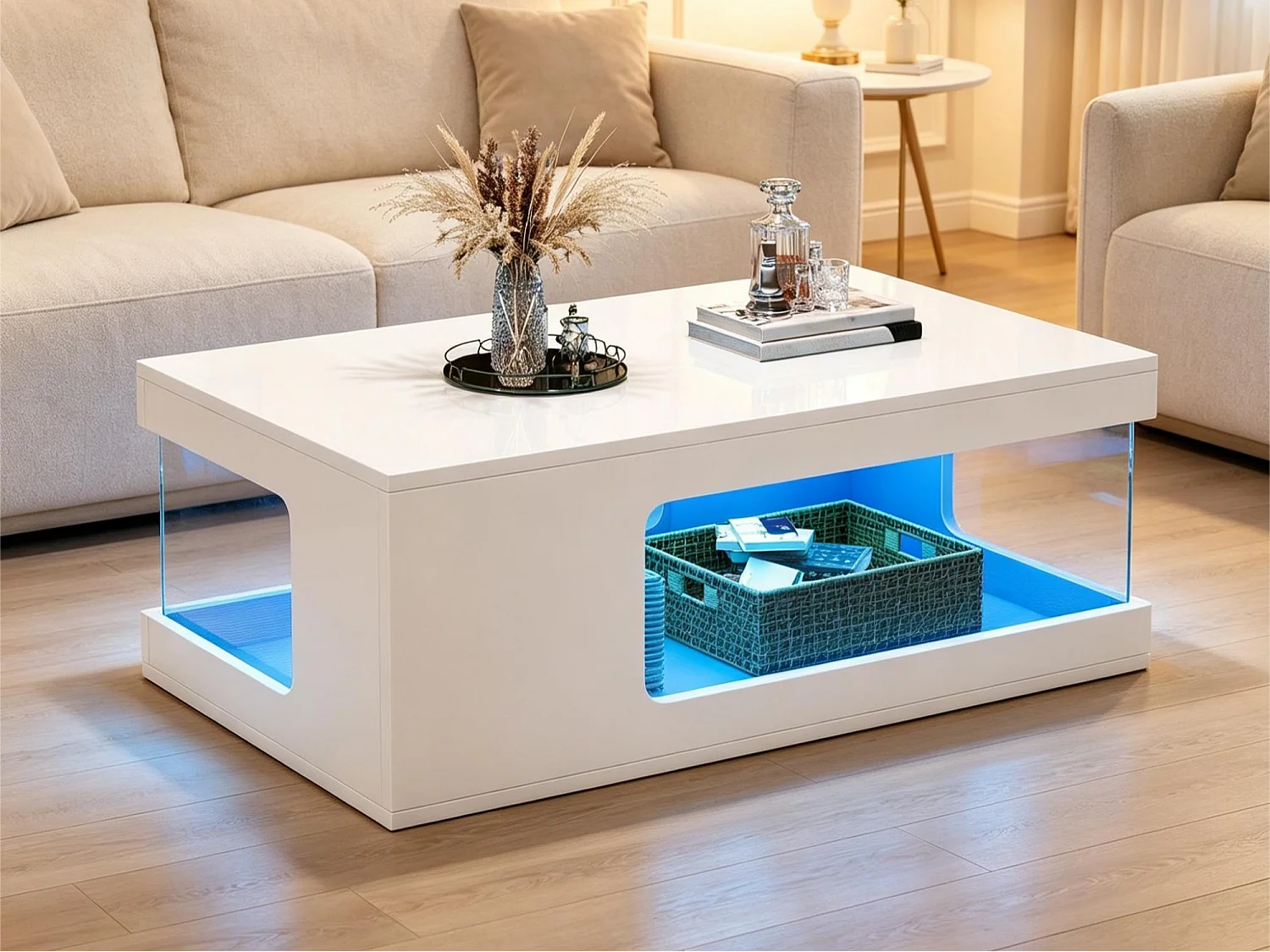 Table basse 100x50x35 cm - Finition brillante - Éclairage LED - Rangement ouvert - Panneaux de particules - Blanc