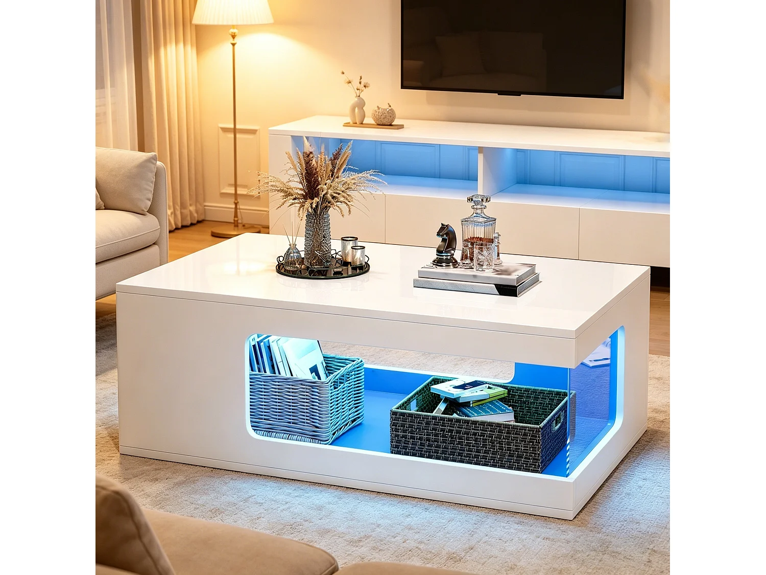 Table basse 100x50x35 cm - Finition brillante - Éclairage LED - Rangement ouvert - Panneaux de particules - Blanc