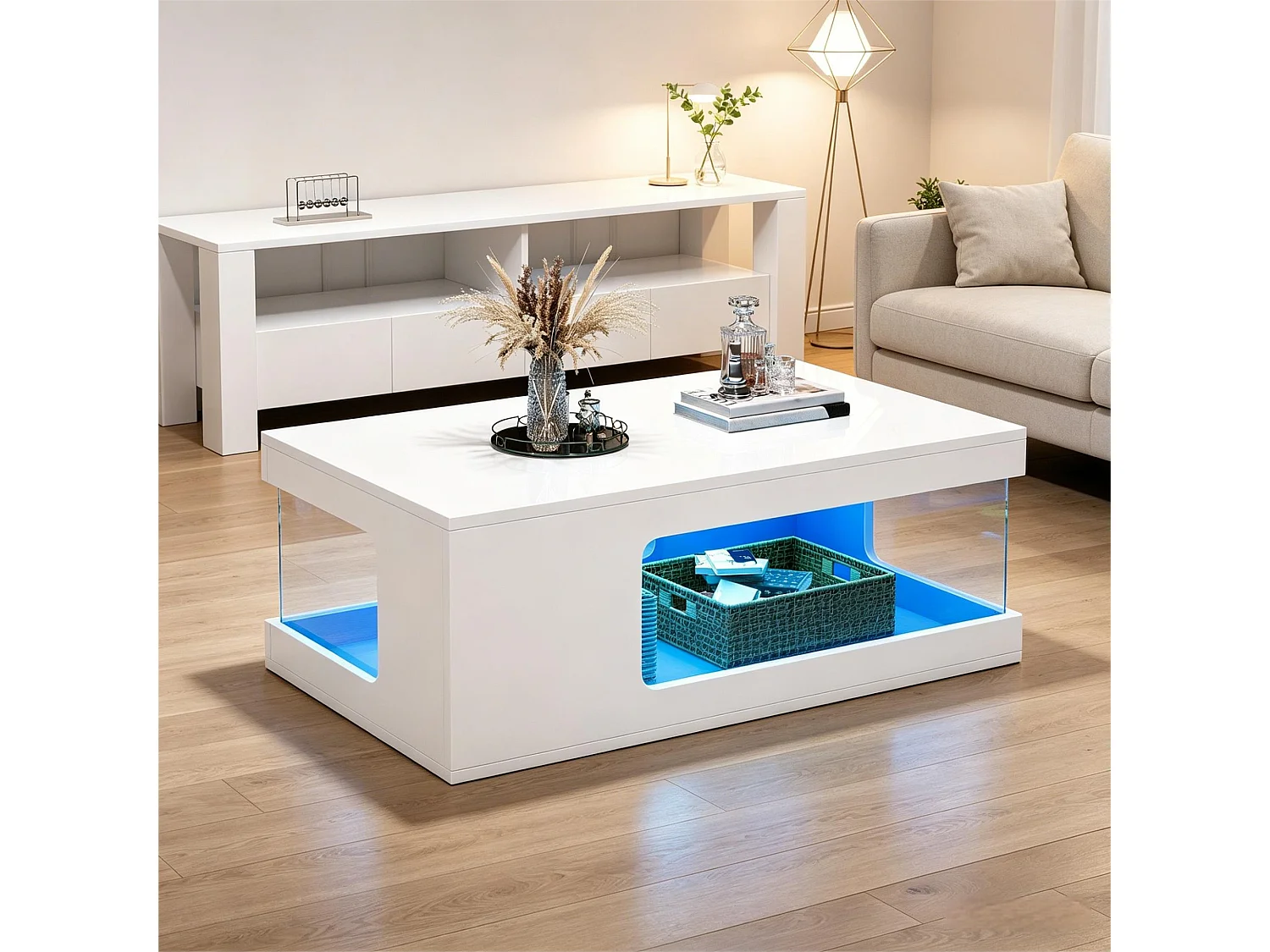 Table basse 100x50x35 cm - Finition brillante - Éclairage LED - Rangement ouvert - Panneaux de particules - Blanc