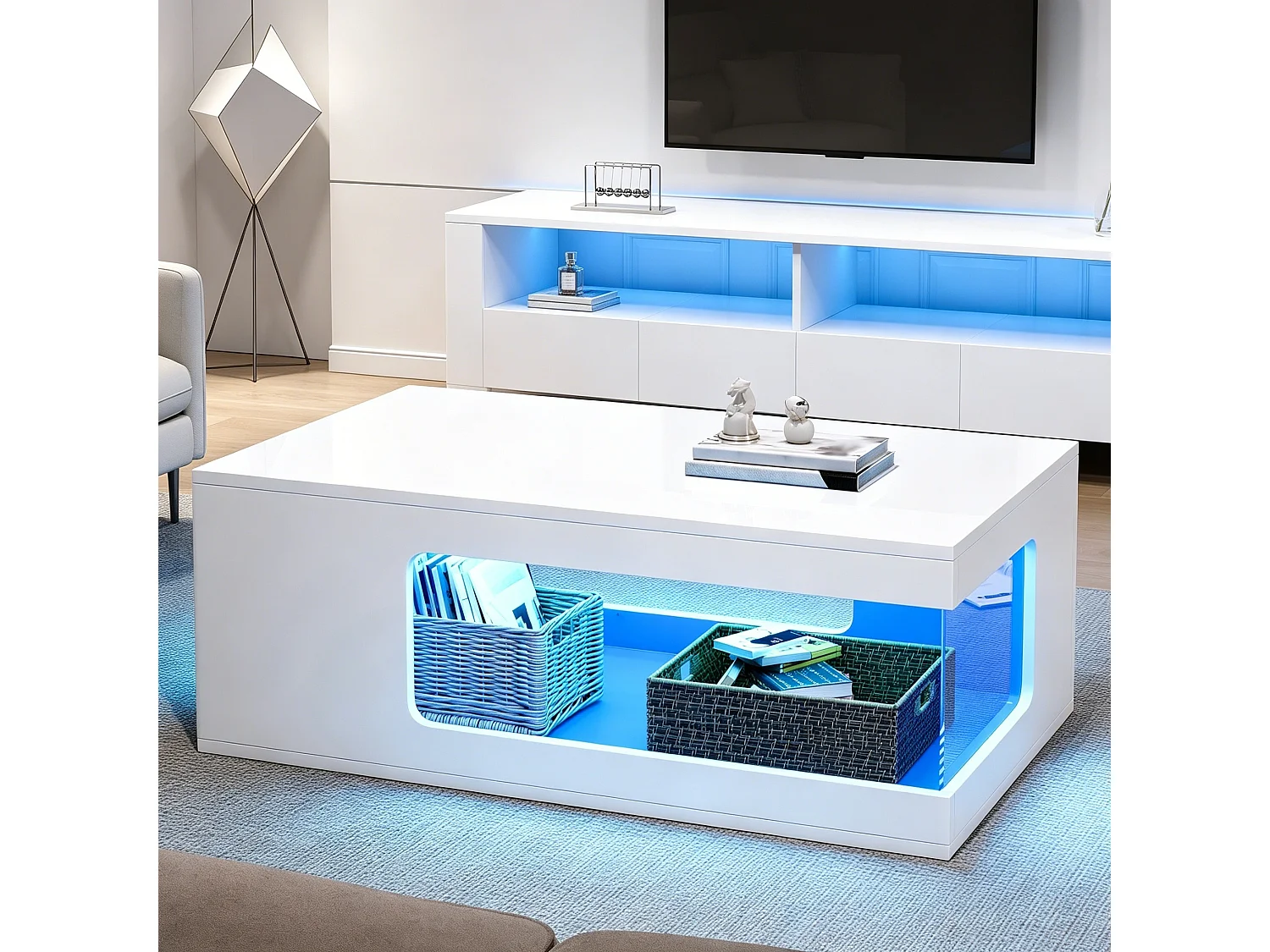 Table basse 100x50x35 cm - Finition brillante - Éclairage LED - Rangement ouvert - Panneaux de particules - Blanc