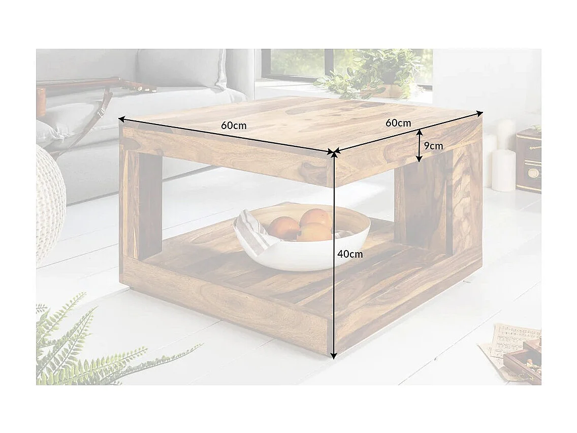 Table basse GRADI 60 cm en bois massif de Sheesham – Table basse carrée avec espace de rangement