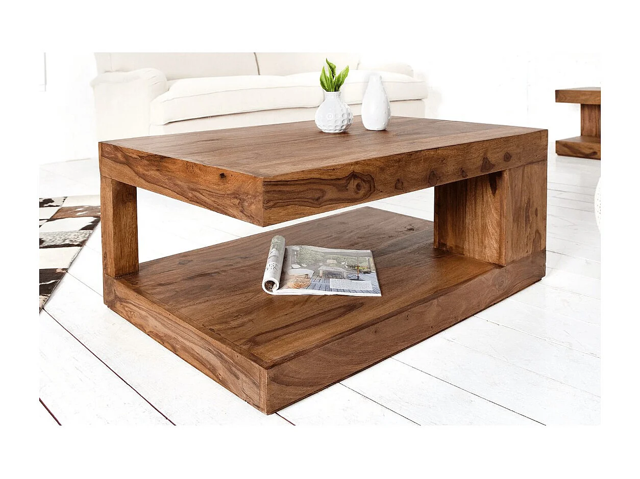 Table basse GRADI 90 cm en bois massif de Sheesham – Table basse rectangulaire avec rangement
