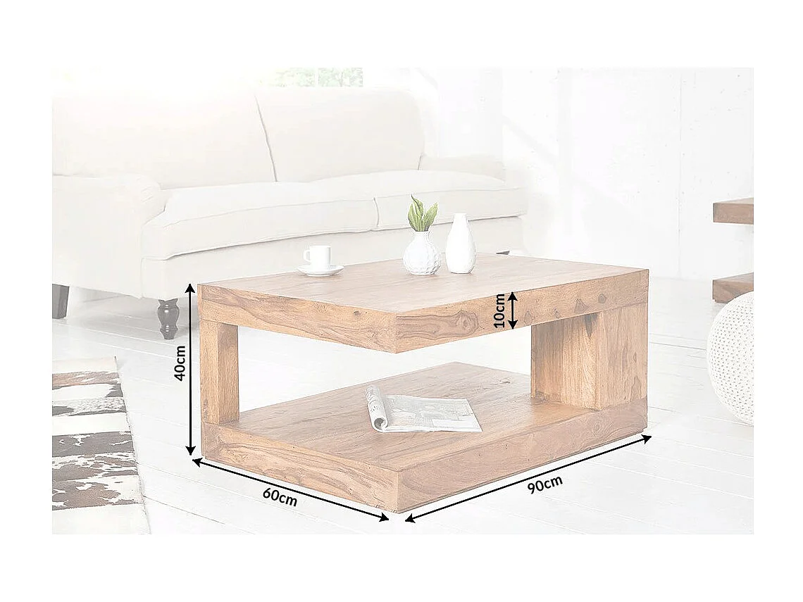 Table basse GRADI 90 cm en bois massif de Sheesham – Table basse rectangulaire avec rangement