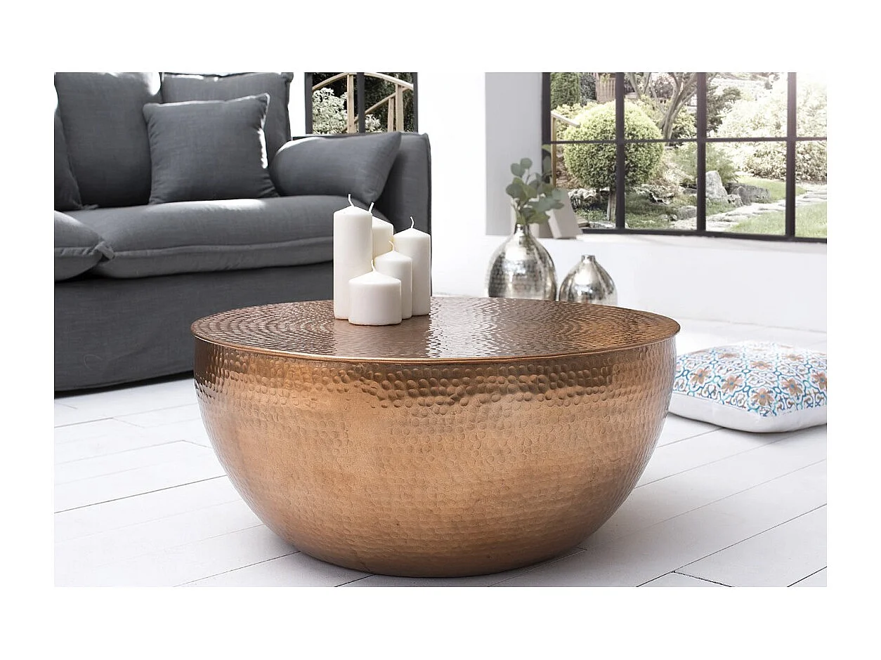 Mesa baja TRIANE 60 cm en aluminio bronce martillado – Mesa baja redonda de diseño