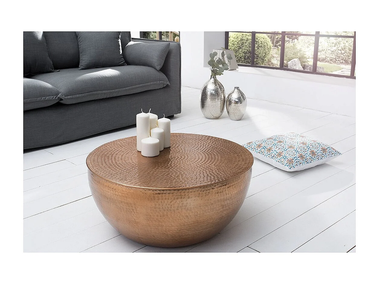 Mesa baja TRIANE 60 cm en aluminio bronce martillado – Mesa baja redonda de diseño
