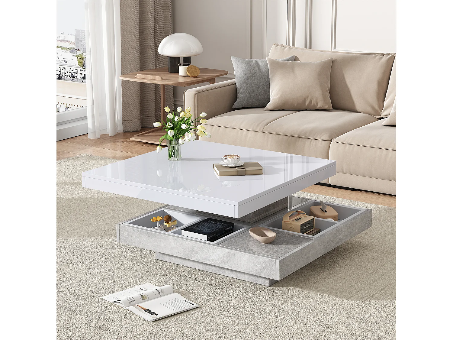 Square coffee table with 4 compartments and a rotating top - 70 x 70 x 36 cm - Particleboard - White