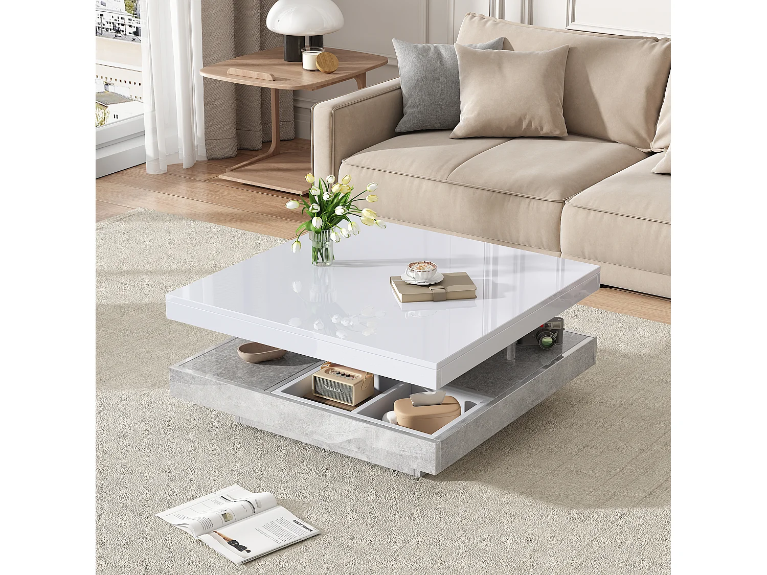 Square coffee table with 4 compartments and a rotating top - 70 x 70 x 36 cm - Particleboard - White
