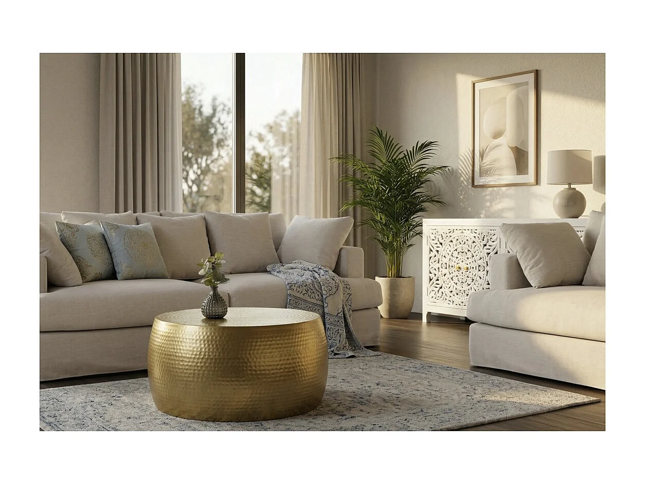 Table basse TRIANE 60 cm en aluminium doré – Table basse ronde design effet martelé