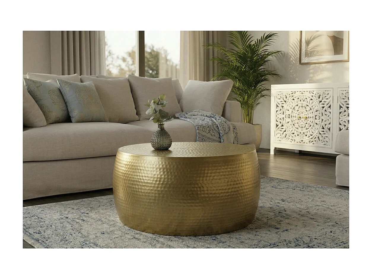 Table basse TRIANE 60 cm en aluminium doré – Table basse ronde design effet martelé