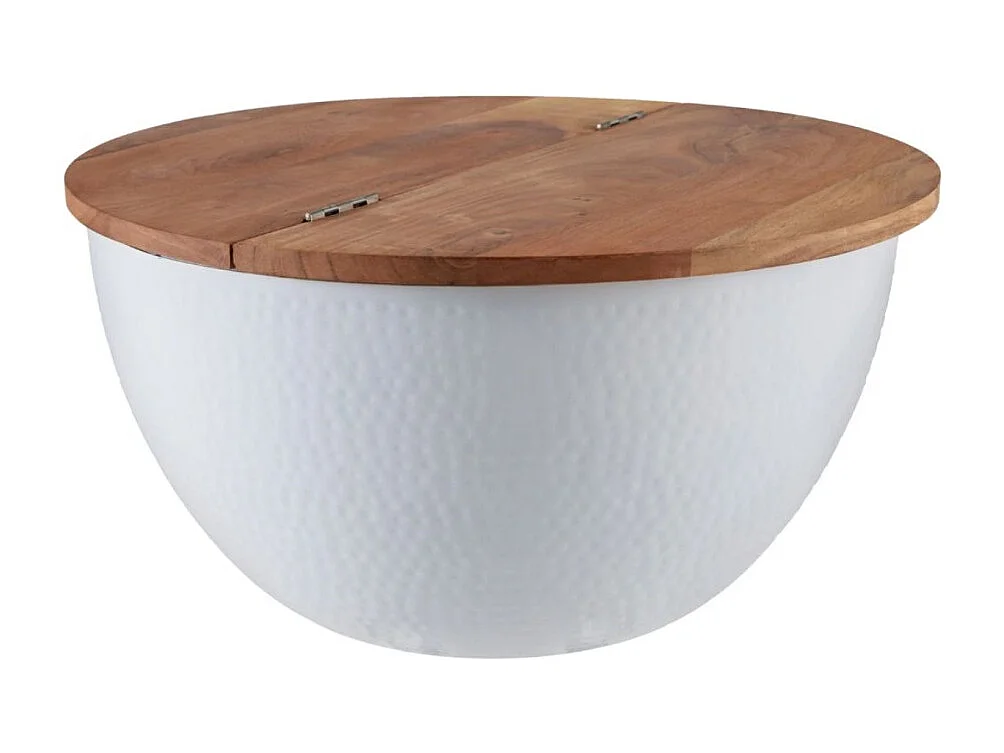 Mesa de centro TRIANE 60 cm con cofre - Tapa de madera de acacia y estructura de metal blanco martillado
