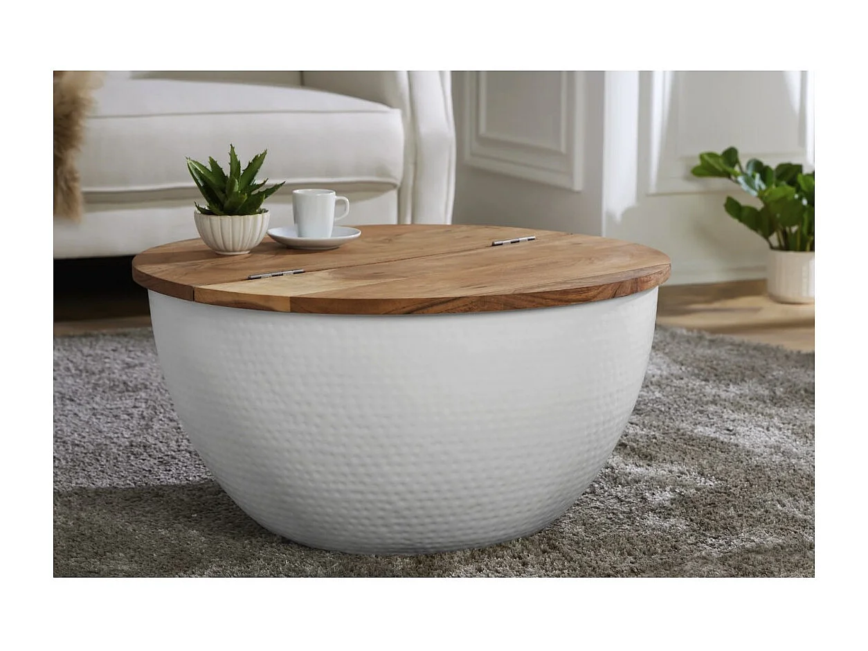 Mesa de centro TRIANE 60 cm con cofre - Tapa de madera de acacia y estructura de metal blanco martillado