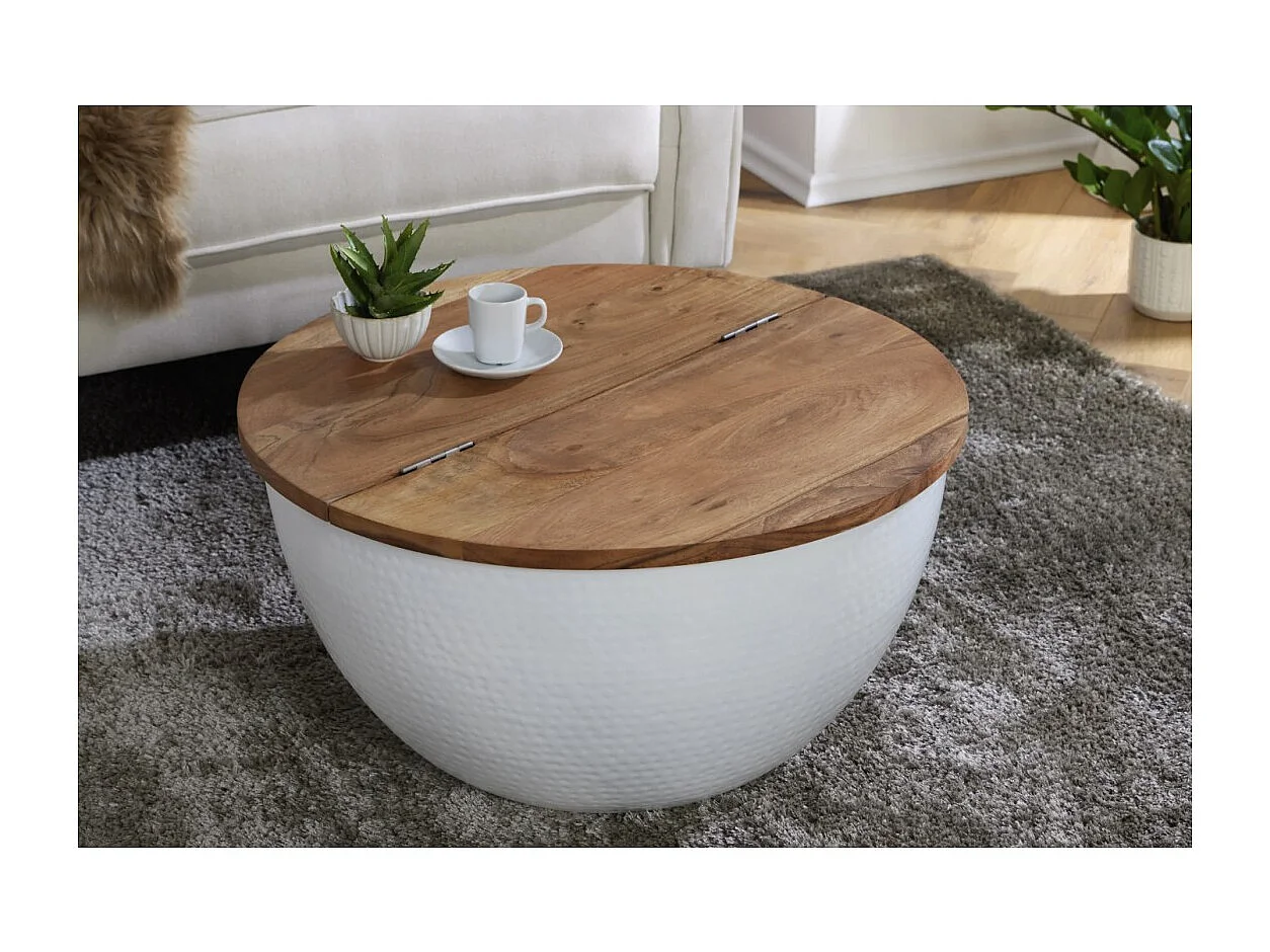 Mesa de centro TRIANE 60 cm con cofre - Tapa de madera de acacia y estructura de metal blanco martillado