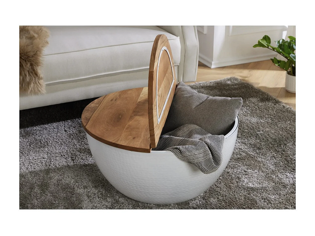 Mesa de centro TRIANE 60 cm con cofre - Tapa de madera de acacia y estructura de metal blanco martillado