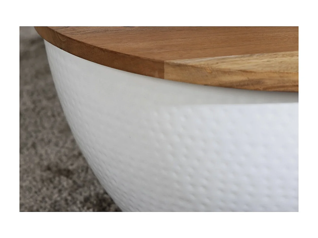 Mesa de centro TRIANE 60 cm con cofre - Tapa de madera de acacia y estructura de metal blanco martillado