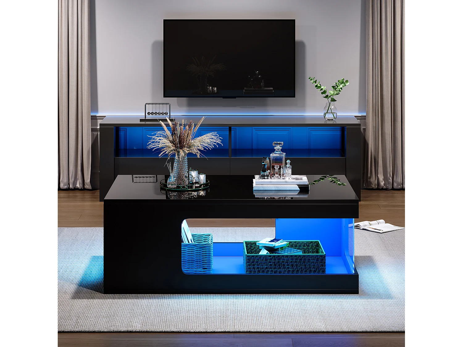 Sofabord 100x50x35 cm - Glansfuld finish - LED-belysning - Åben opbevaring - Spånplader - Sort
