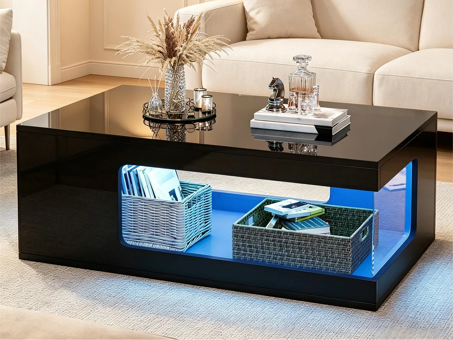 Sofabord 100x50x35 cm - Glansfuld finish - LED-belysning - Åben opbevaring - Spånplader - Sort