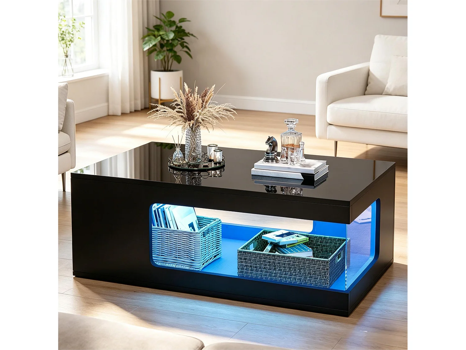 Sofabord 100x50x35 cm - Glansfuld finish - LED-belysning - Åben opbevaring - Spånplader - Sort