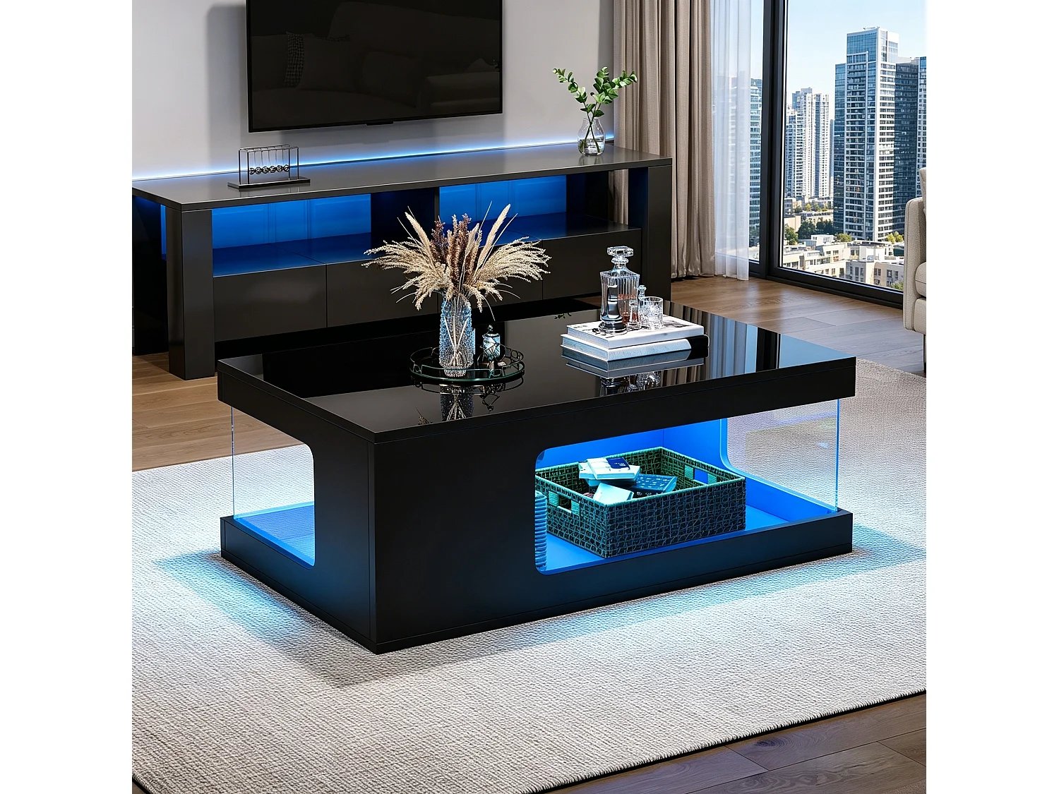Sofabord 100x50x35 cm - Glansfuld finish - LED-belysning - Åben opbevaring - Spånplader - Sort