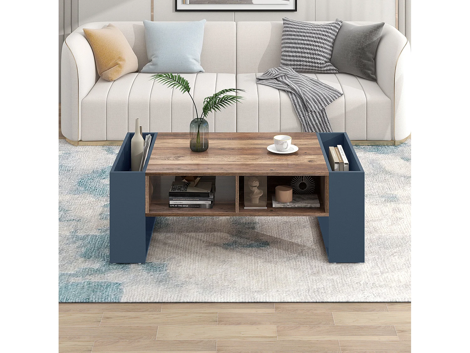 Wooden coffee table with 1 drawer and 4 storage niches - Living room table - End table - natural + grey