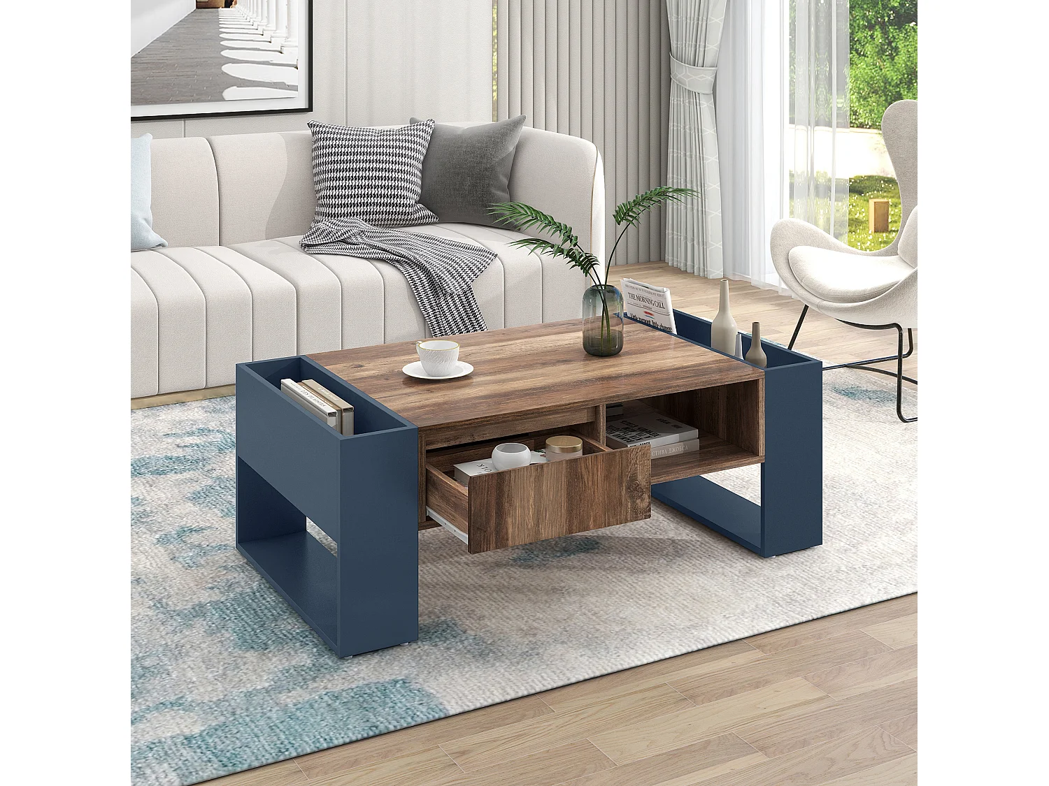 Wooden coffee table with 1 drawer and 4 storage niches - Living room table - End table - natural + grey