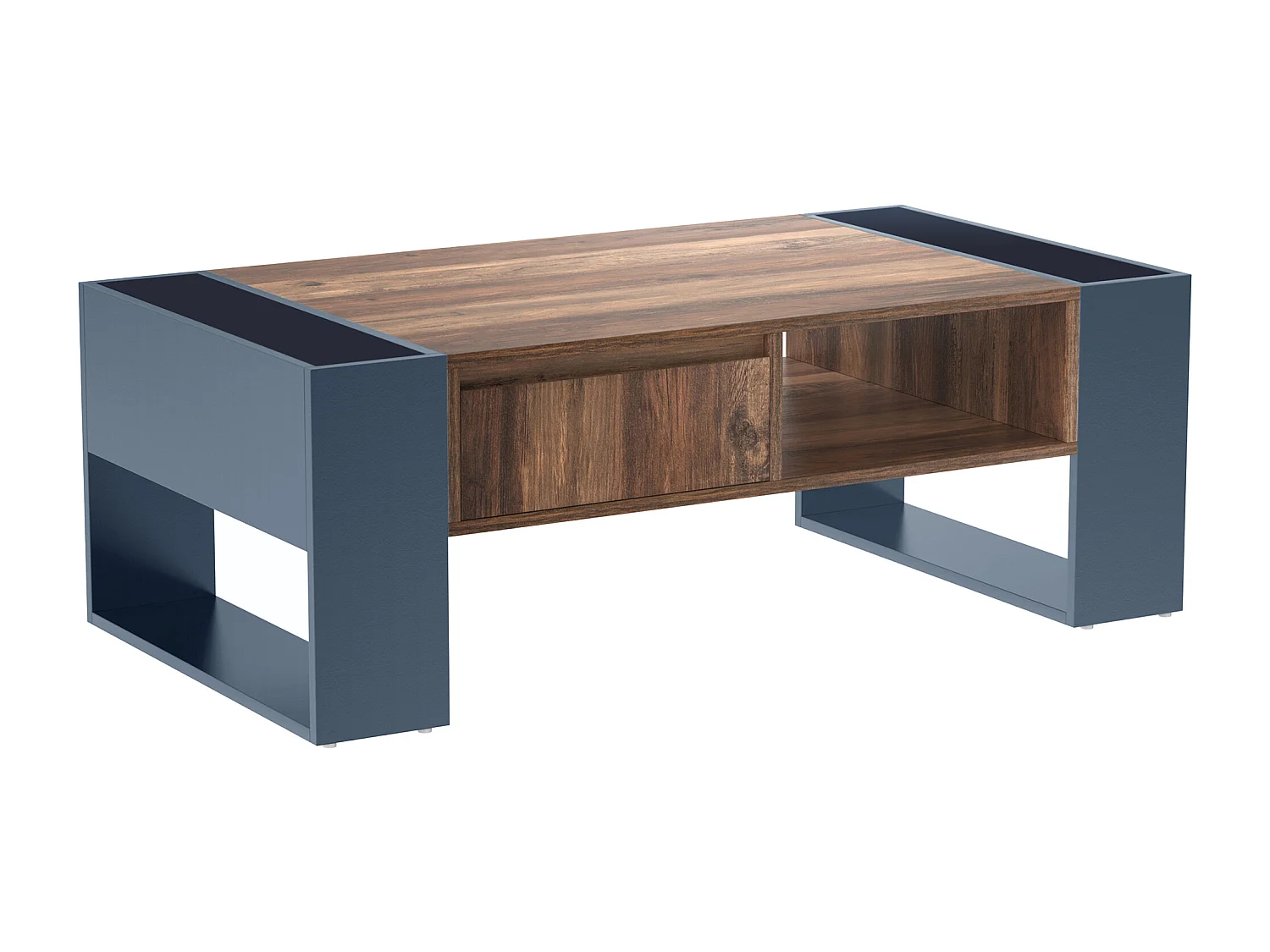 Wooden coffee table with 1 drawer and 4 storage niches - Living room table - End table - natural + grey