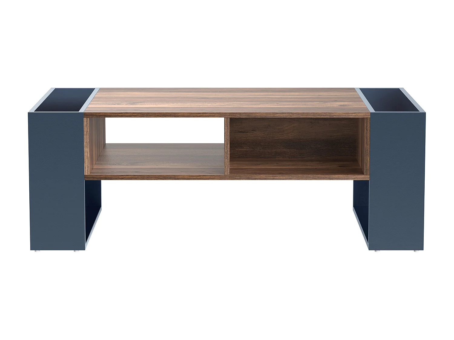 Wooden coffee table with 1 drawer and 4 storage niches - Living room table - End table - natural + grey
