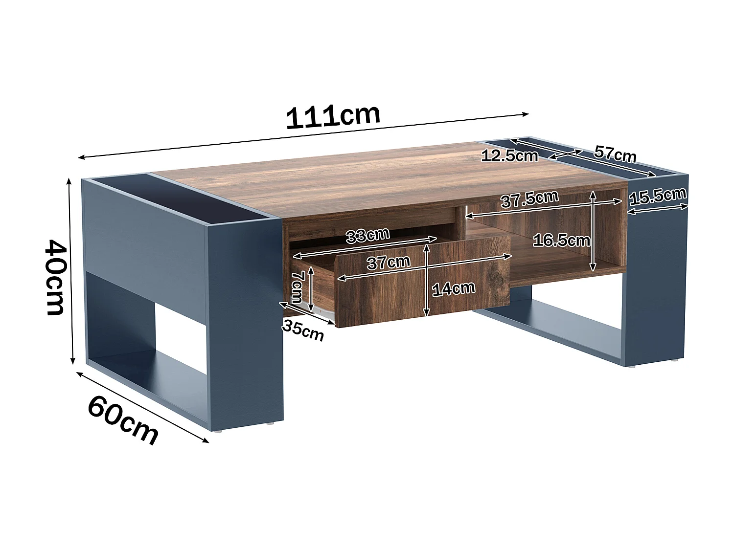 Wooden coffee table with 1 drawer and 4 storage niches - Living room table - End table - natural + grey