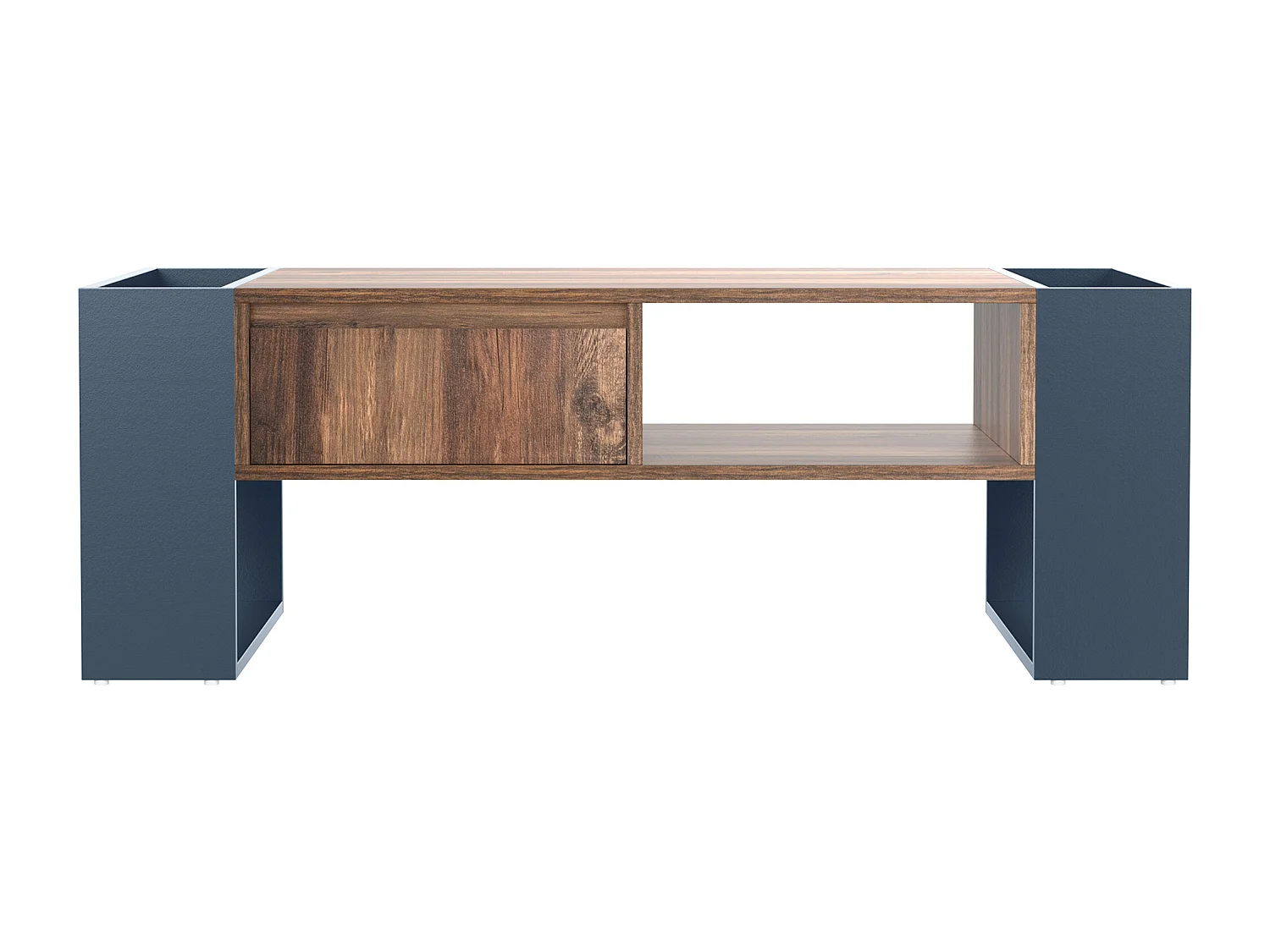 Wooden coffee table with 1 drawer and 4 storage niches - Living room table - End table - natural + grey