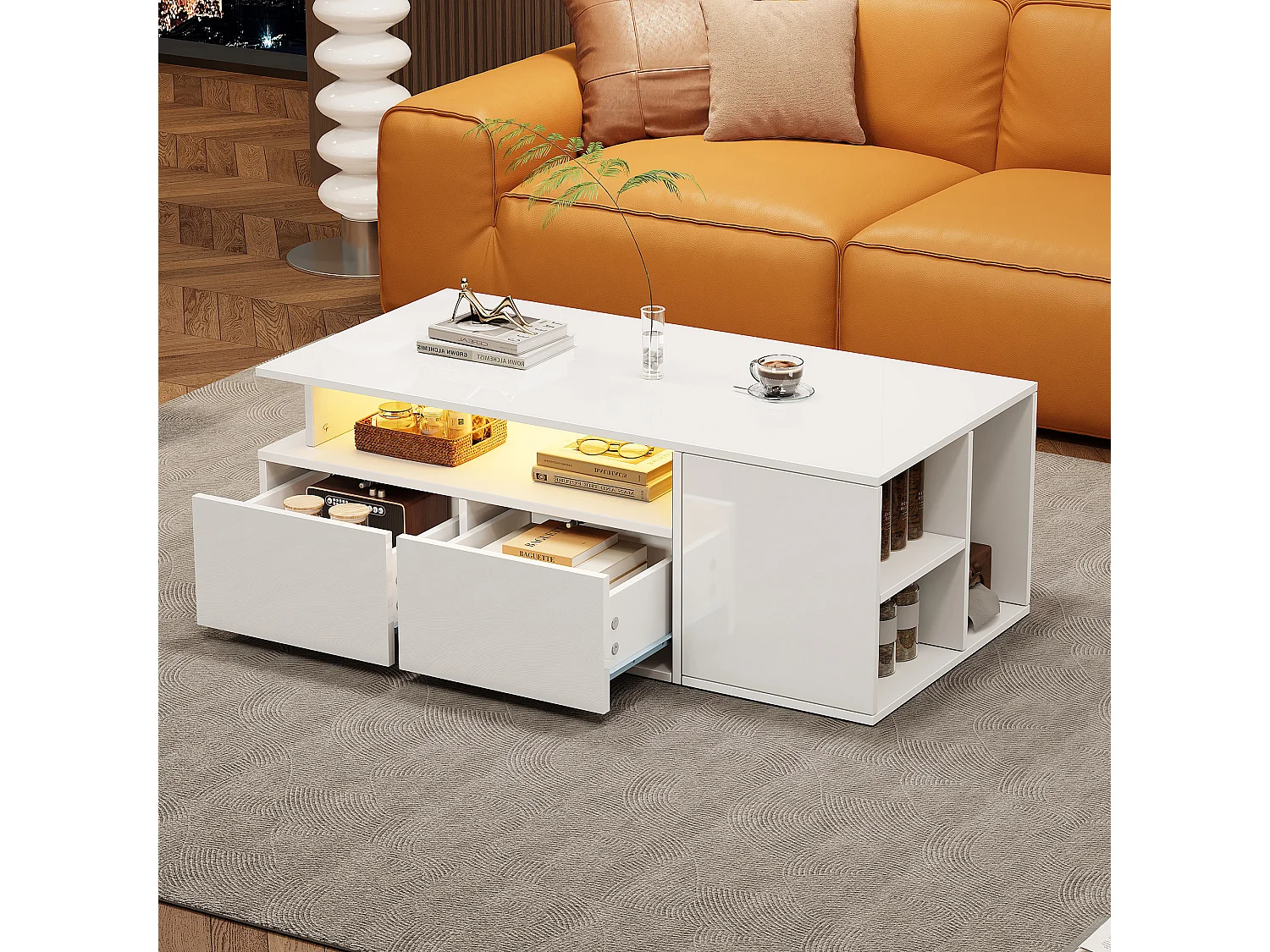 Tea table - 100 x 50 x 35 cm - coffee table - with LEDs + 2 drawers - particleboard - white