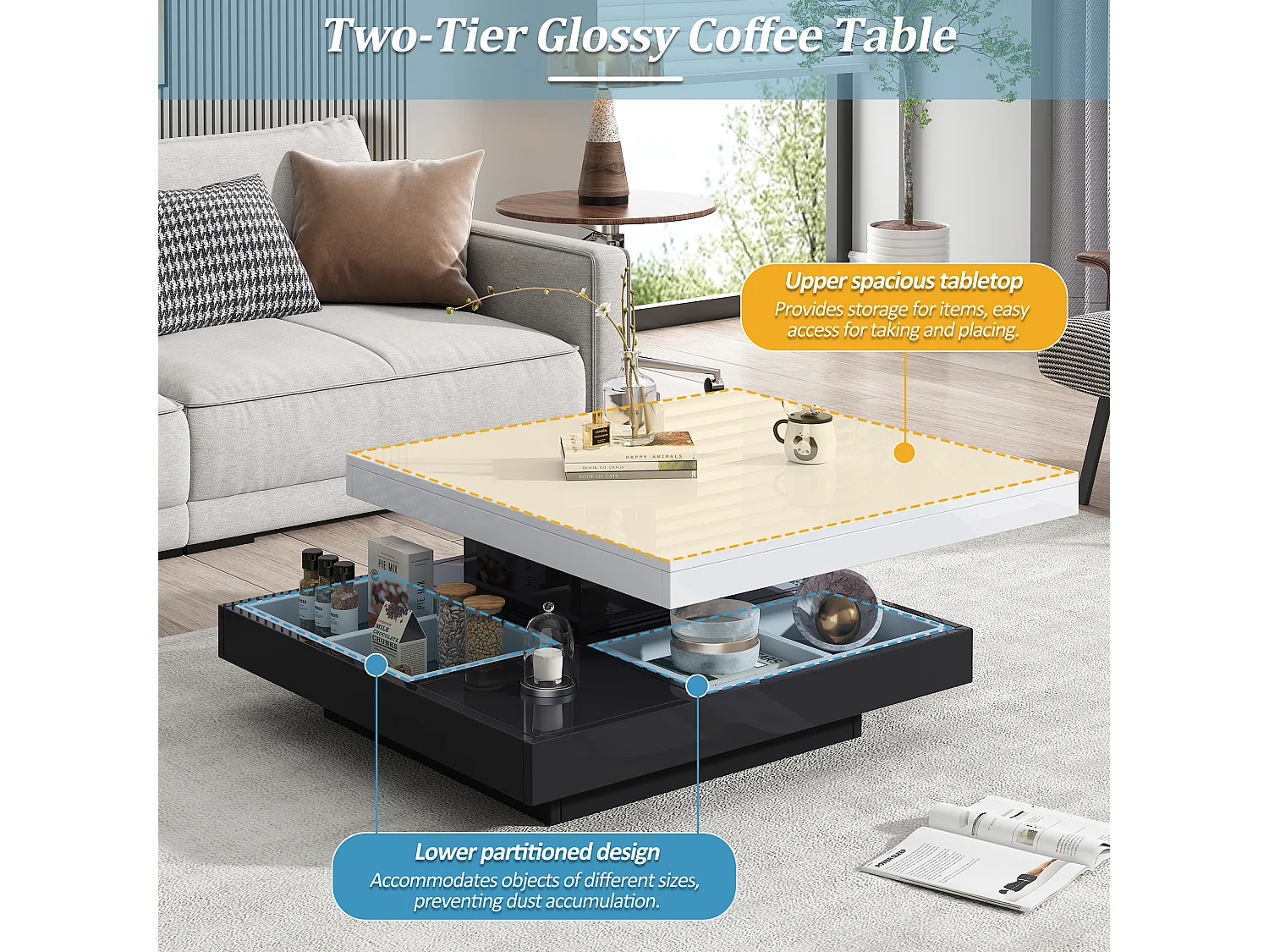 Square coffee table with 4 compartments and a rotating top - 70 x 70 x 36 cm - Particleboard - Black + white