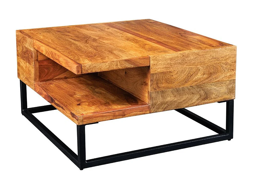 Table basse GRADI 60 cm en bois massif de Sheesham et métal – Table basse carrée industrielle avec niche