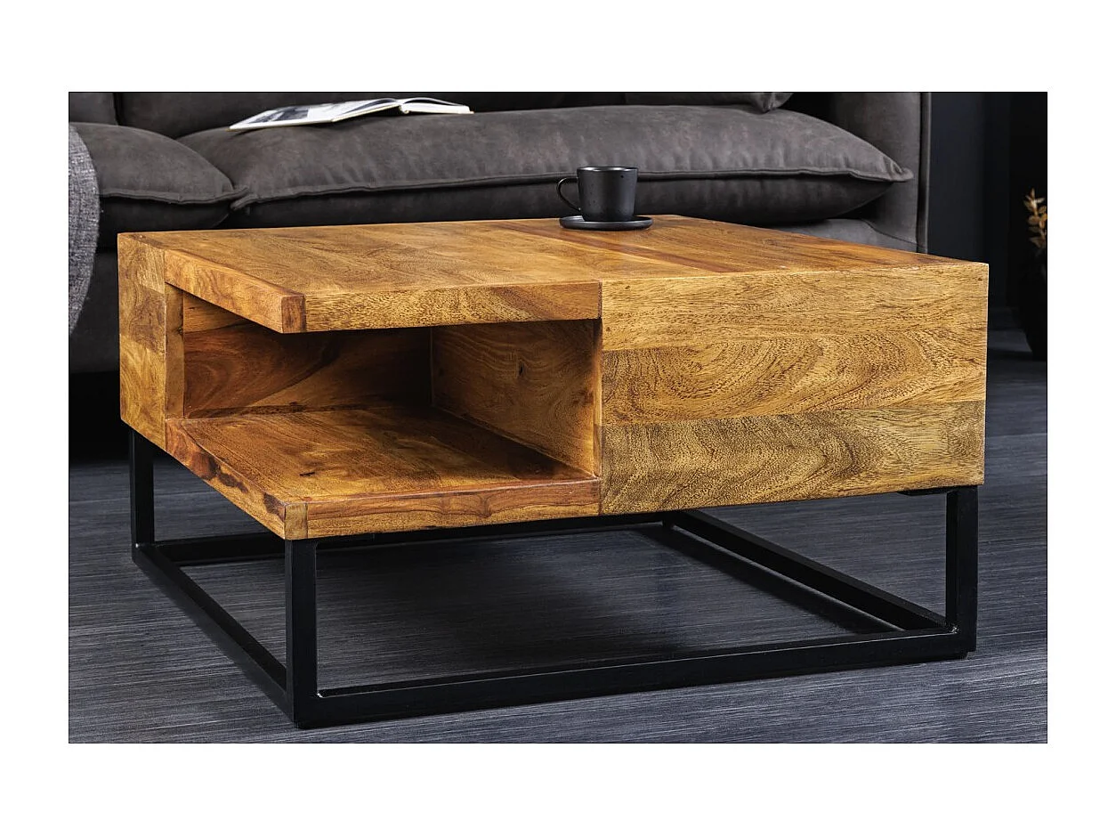 Table basse GRADI 60 cm en bois massif de Sheesham et métal – Table basse carrée industrielle avec niche